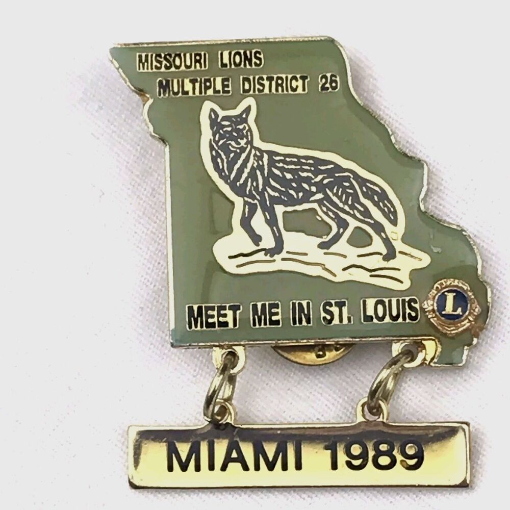 Lions Club Vintage Pin Miami 1989 Missouri State Shape Wolf Green Gold Tone